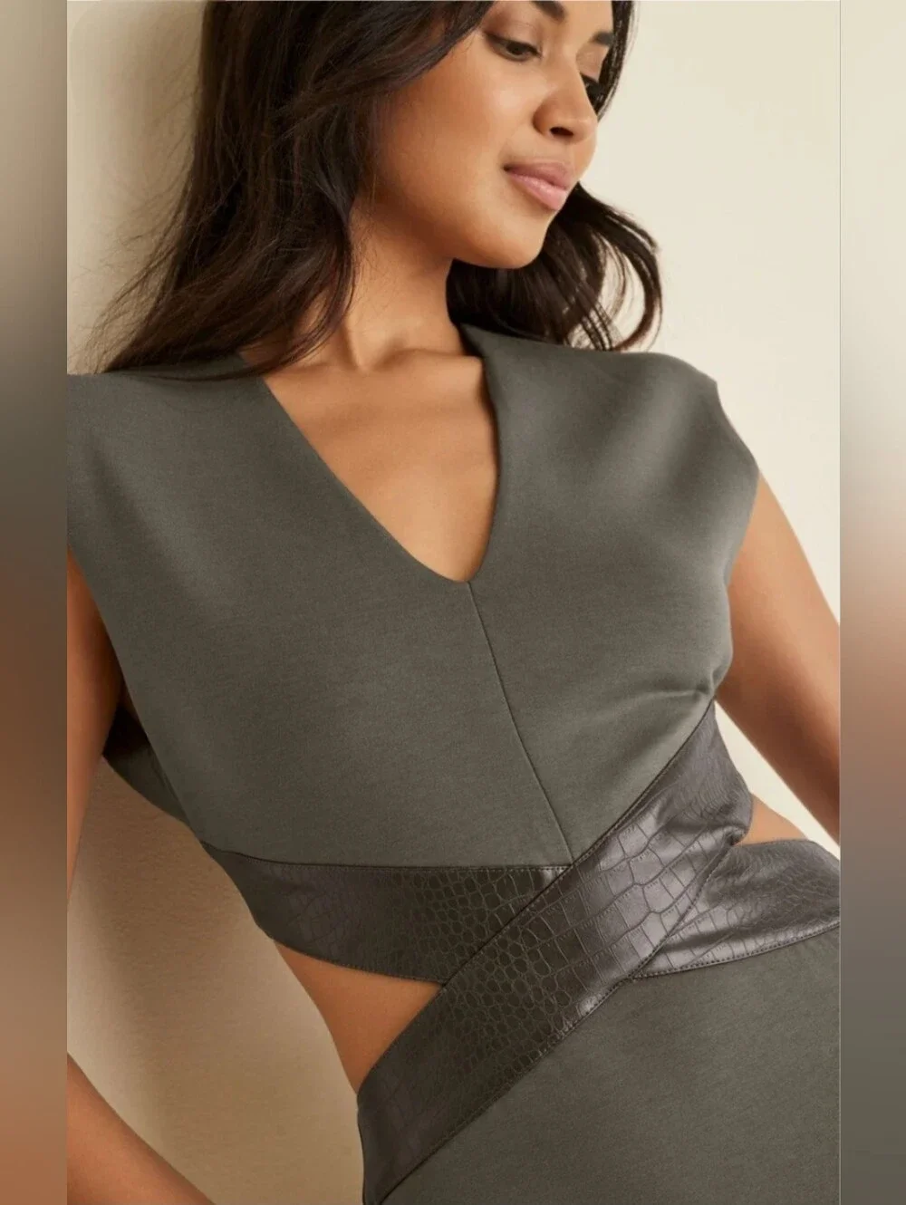 NWT Venus Bodycon Faux Leather Detail Cutout Dress-Brown - Picture 1 of 7
